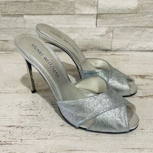 Stuart Weitzman Vintage Silver Glitter Stiletto High Heel Peep Toe Sandals 9M